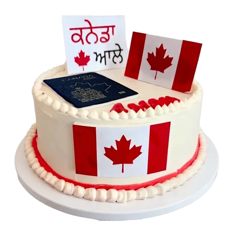 Canadian citizenship celebration cake with Canadian flags, passport topper, and Punjabi text