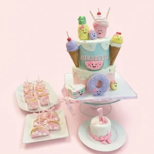 Sweet Summer birthday cake set with ice cream cone decorations, name inscription, and smash cake