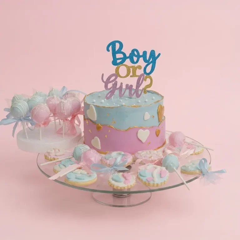 Elegant gender reveal set with Boy or Girl topper, pink and blue drip cake, cookies, and cake pops