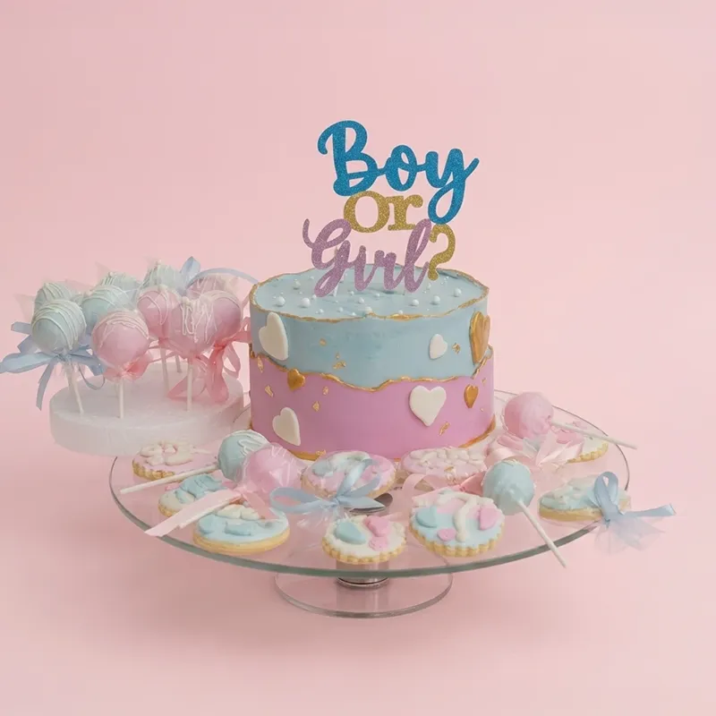 Elegant gender reveal set with Boy or Girl topper, pink and blue drip cake, cookies, and cake pops