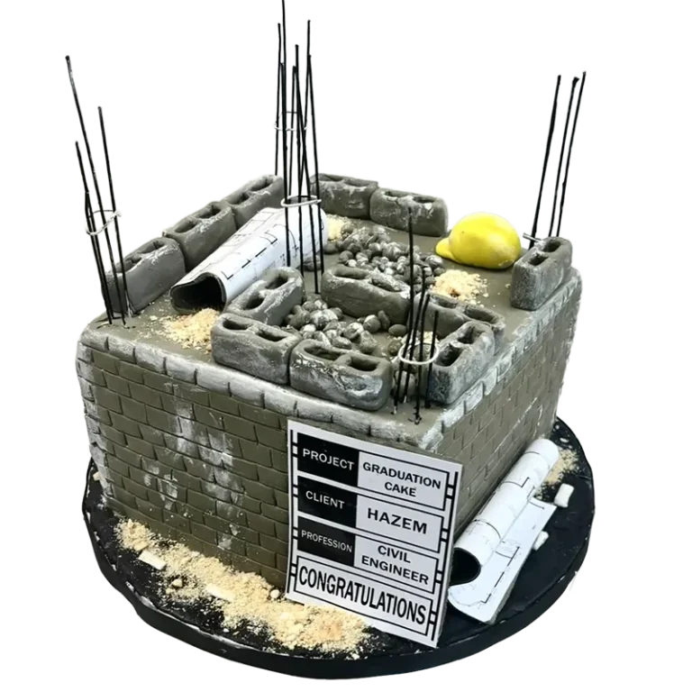 Civil engineering graduation cake shaped as concrete foundation with rebar rods and blueprint details