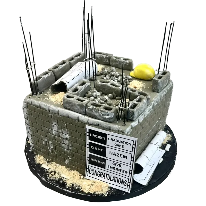 Civil engineering graduation cake shaped as concrete foundation with rebar rods and blueprint details