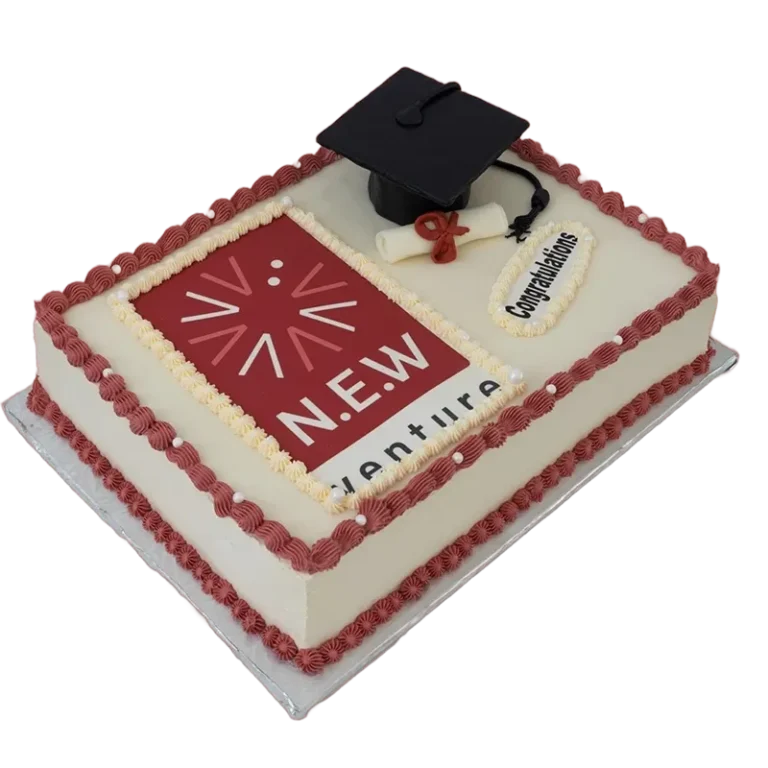Academic Achievement graduation sheet cake with red logo design, graduation cap, and diploma topper