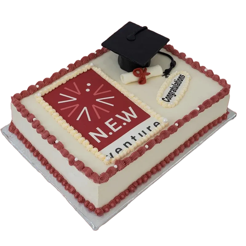 Academic Achievement graduation sheet cake with red logo design, graduation cap, and diploma topper