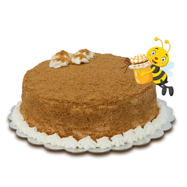 Honey Bee Medovik layered honey cake with cream piping border and animated bee character topper
