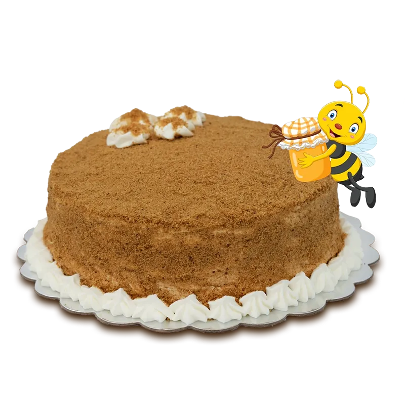 Honey Bee Medovik layered honey cake with cream piping border and animated bee character topper