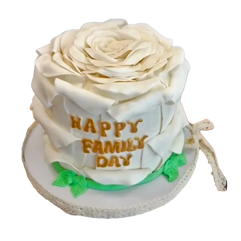 White Blooming Rose cake with large sculpted rose topper and Happy Family Day gold inscription