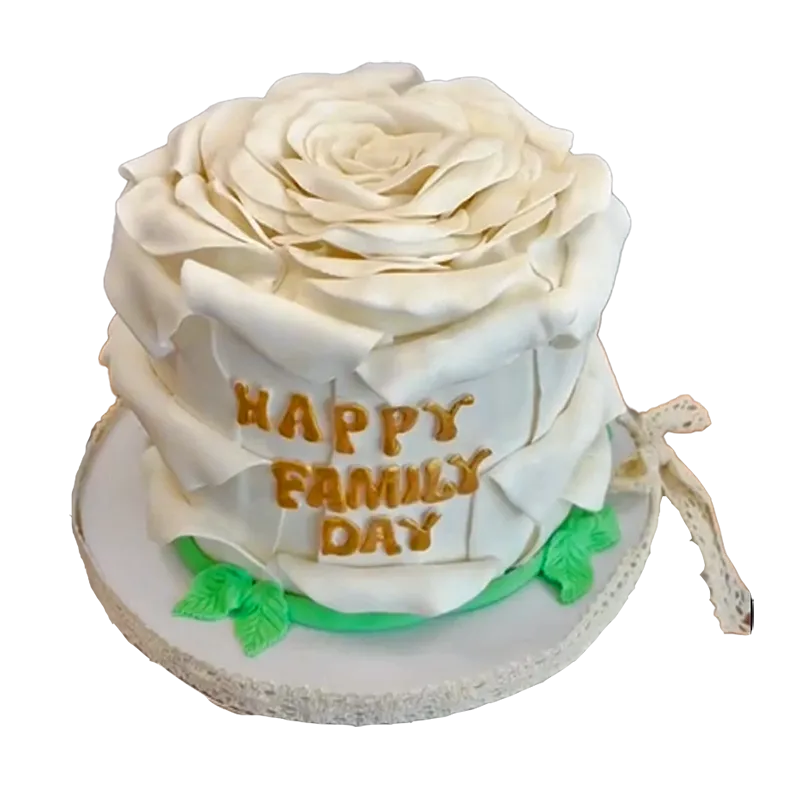 White Blooming Rose cake with large sculpted rose topper and Happy Family Day gold inscription
