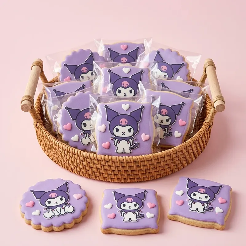 Pastel Kuromi purple character cookies with pink and white heart accents in a wicker basket