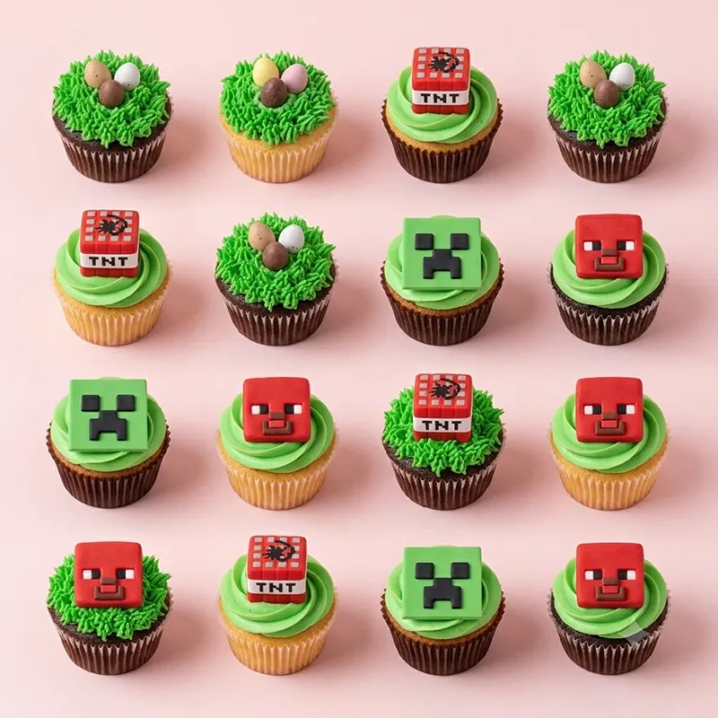 Minecraft Block World cupcakes with green grass frosting, Creeper, TNT, and character fondant toppers