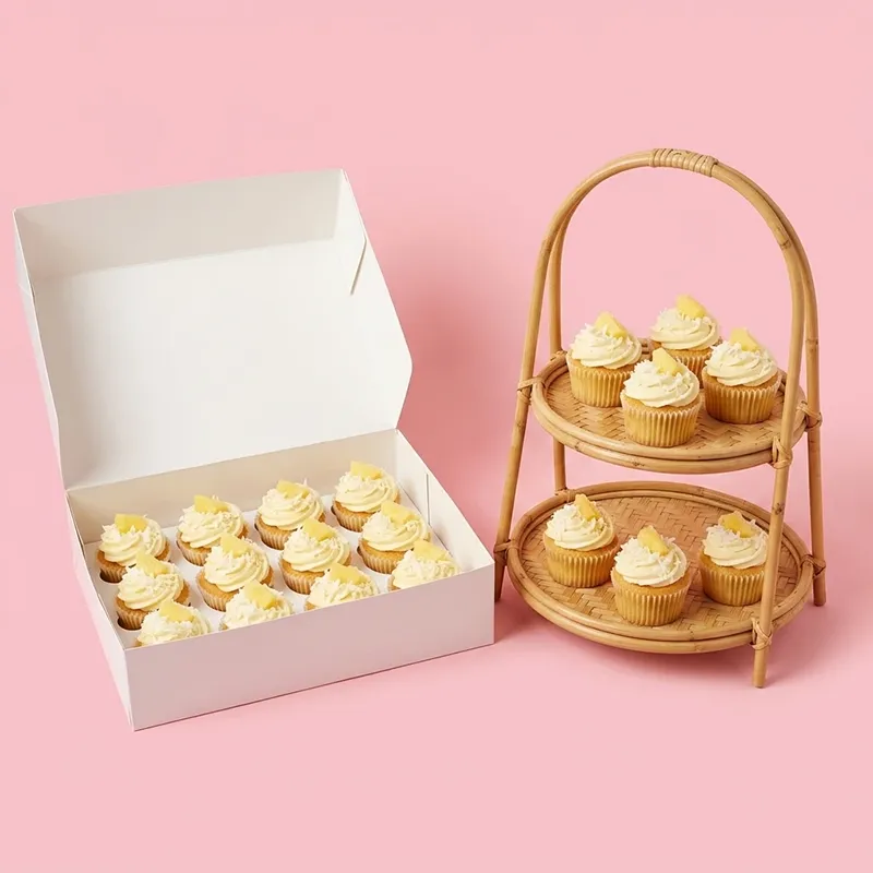 Tropical Twist cupcakes with cream frosting and pineapple pieces in a box and on rattan stand