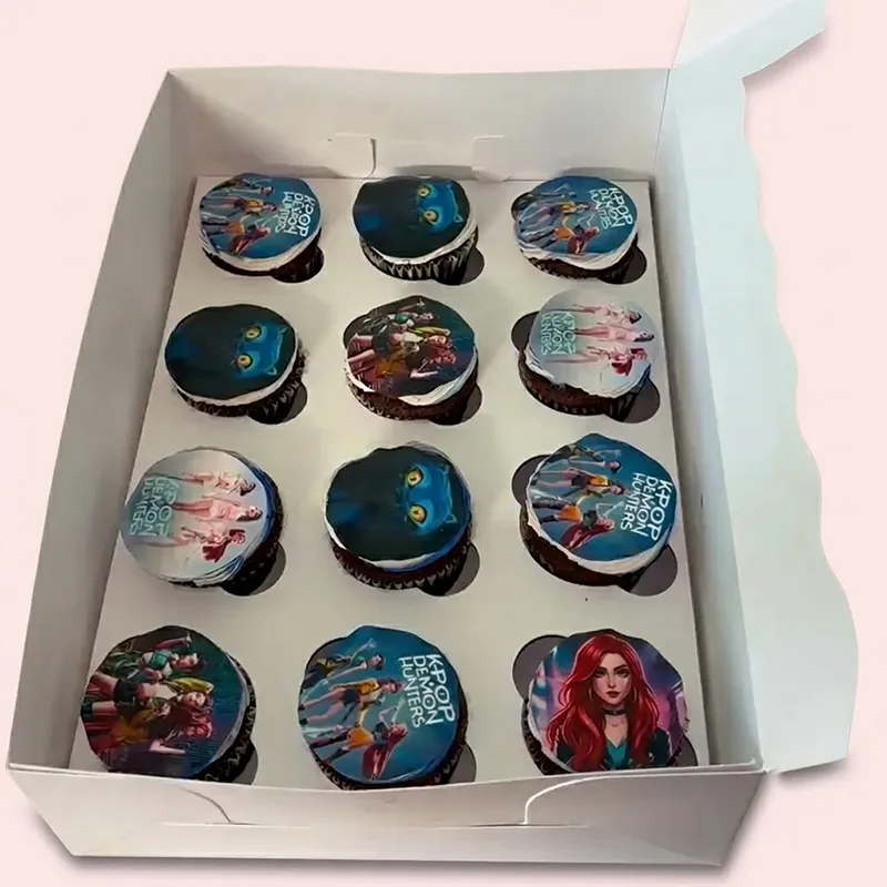Neon Beats cupcakes with KPOP Demon Hunters character photo prints, boxed set of twelve