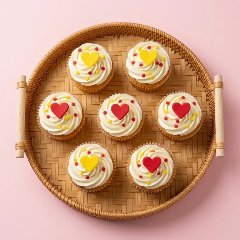 Sweet Hearts cupcakes with cream frosting and red and yellow fondant hearts on wicker tray