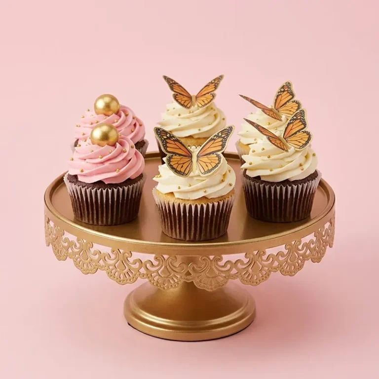 Gilded Monarchs cupcakes with monarch butterfly toppers and gold pearls on a gold stand