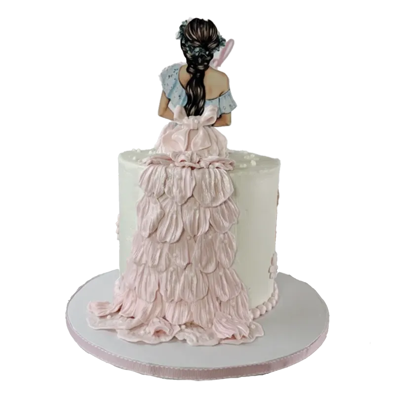 She Said Yes engagement cake with bride figure topper in pink ruffled gown and petal texture