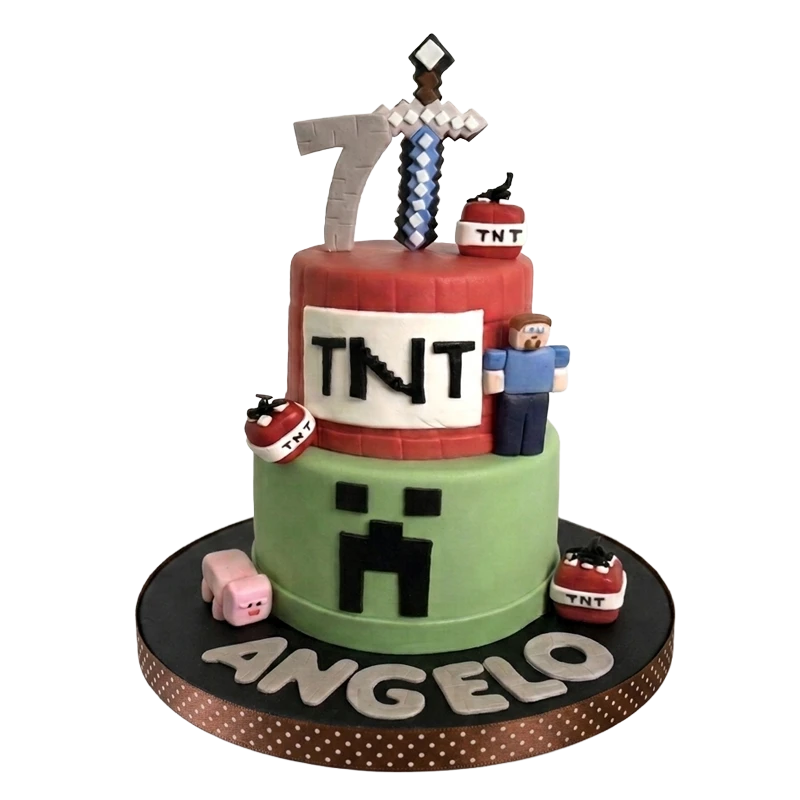 Two-tier pixel game themed 7th birthday cake with pickaxe topper and creeper face by Cakeville Scarborough