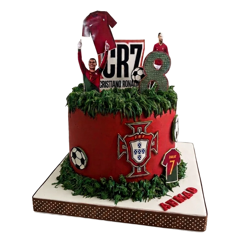 Soccer themed 8th birthday cake with red buttercream, grass piping and football details by Cakeville Scarborough
