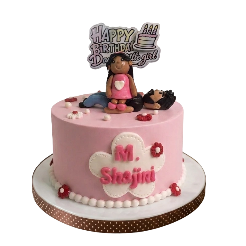 Pink single tier girl's birthday cake with fondant figure and flower name plaque by Cakeville Scarborough