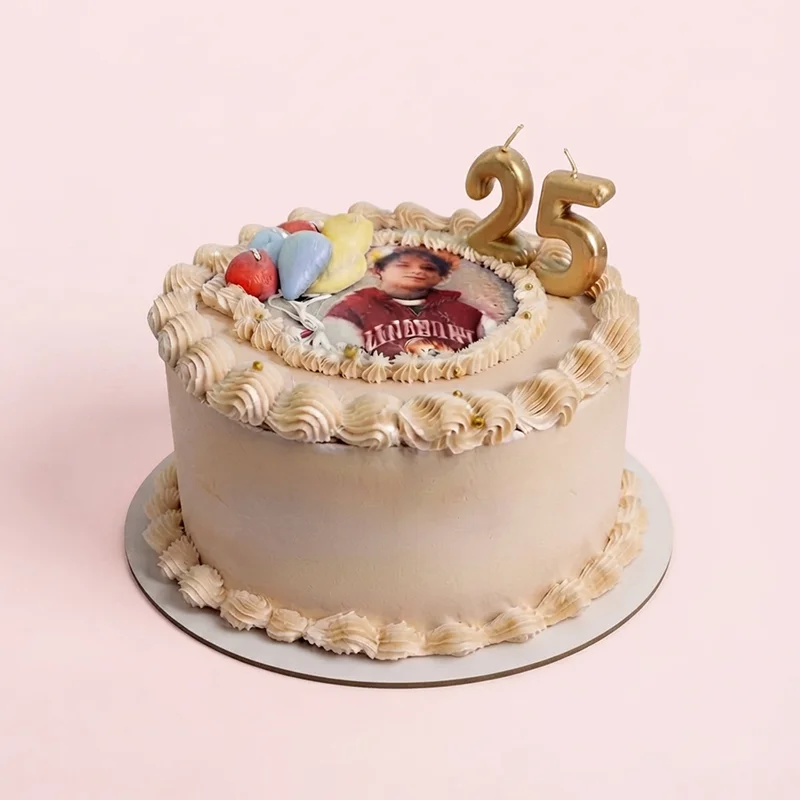 Neutral vintage birthday cake with edible photo topper and fondant balloons by Cakeville Scarborough