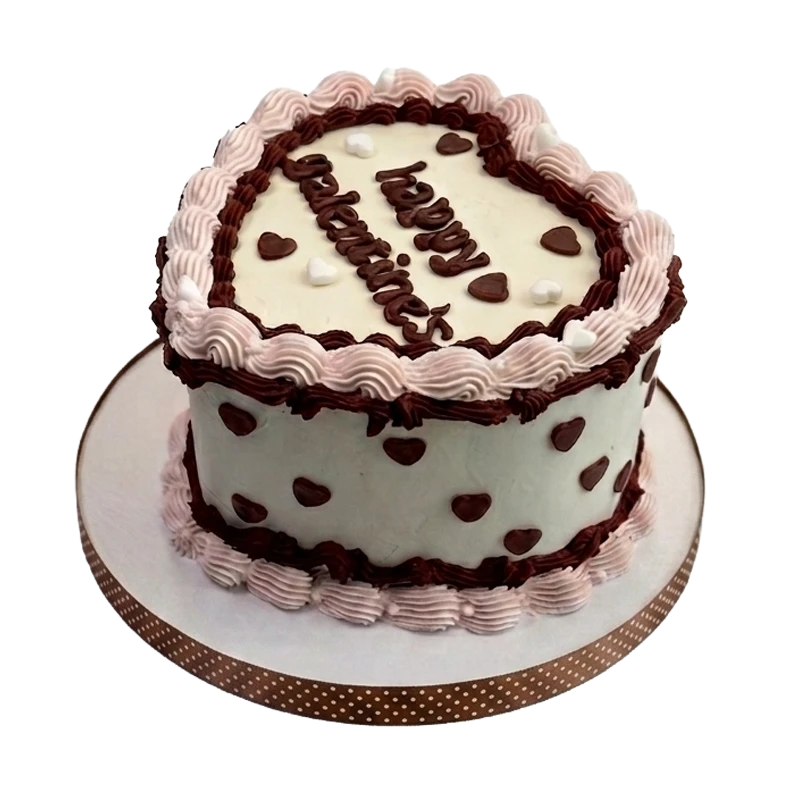 Vintage heart shaped Valentine's cake with chocolate hearts and blush piping by Cakeville Scarborough