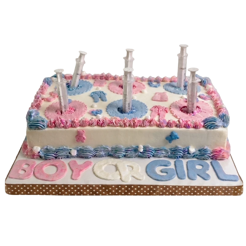 Pink and blue gender reveal sheet cake with buttercream piping and syringe toppers by Cakeville Scarborough