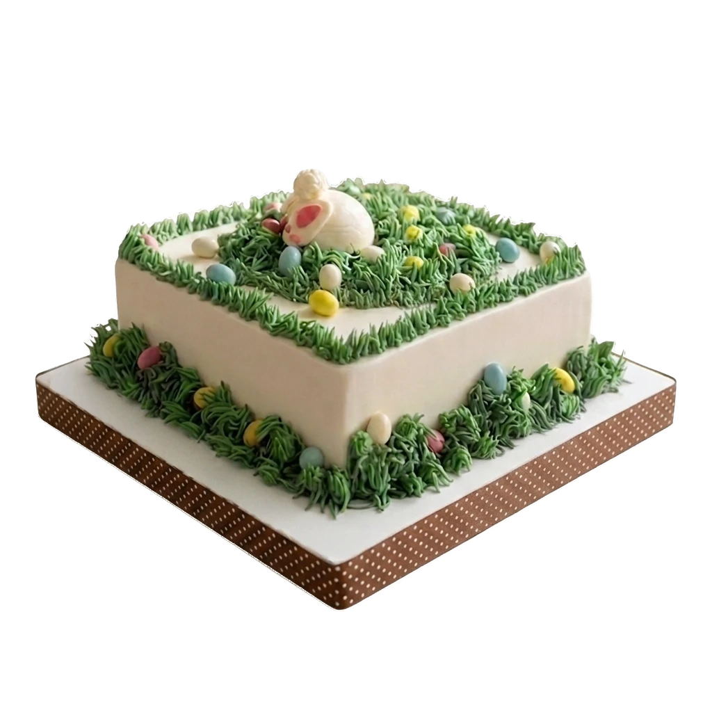 Square white Easter cake with grass piping, fondant bunny and pastel eggs by Cakeville Scarborough
