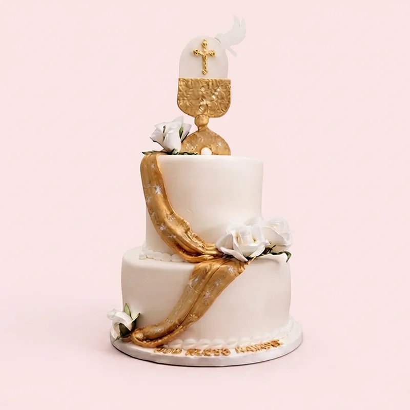 White and gold two-tier religious cake with cross, dove topper and sugar roses by Cakeville Scarborough