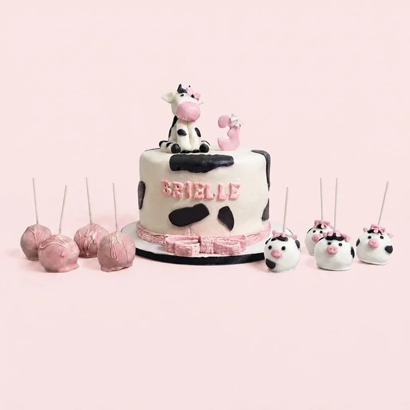 Cow print themed cake with matching pink and cow print cake pops by Cakeville Scarborough