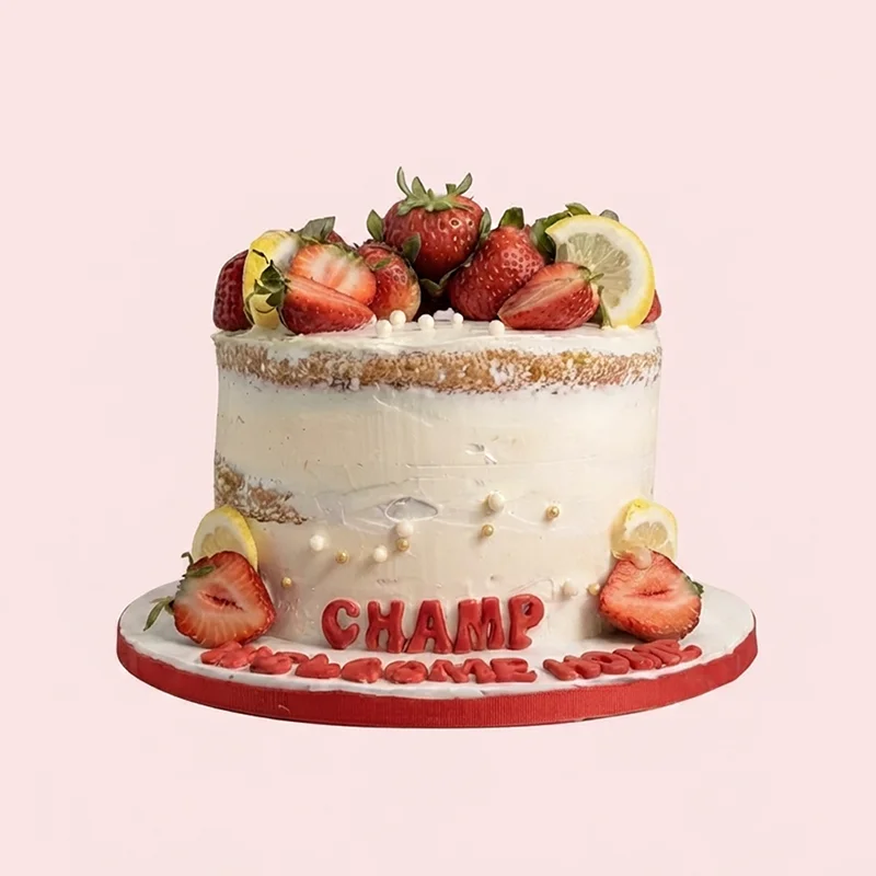 Semi-naked pink cake with fresh strawberries and lemon slices by Cakeville Scarborough